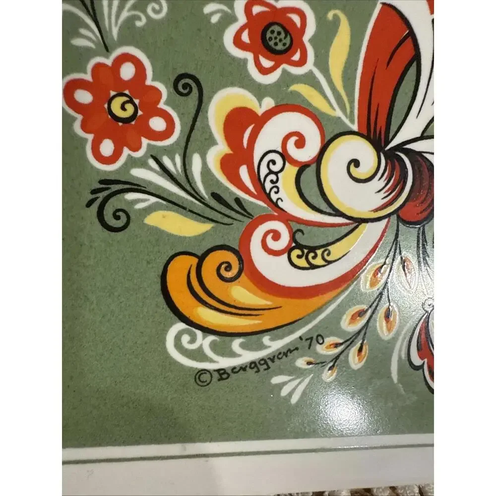 VTG 1970 Ceramic Tile Trivet Folk art Berggren Original 6” MCM Retro Mod Signed - Picture 2 of 7